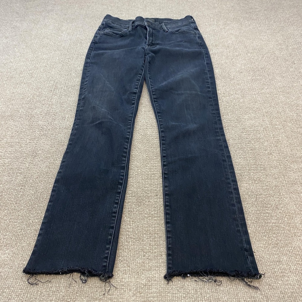 MOTHER Dark Black Cropped Flare Jeans with Frayed Hem